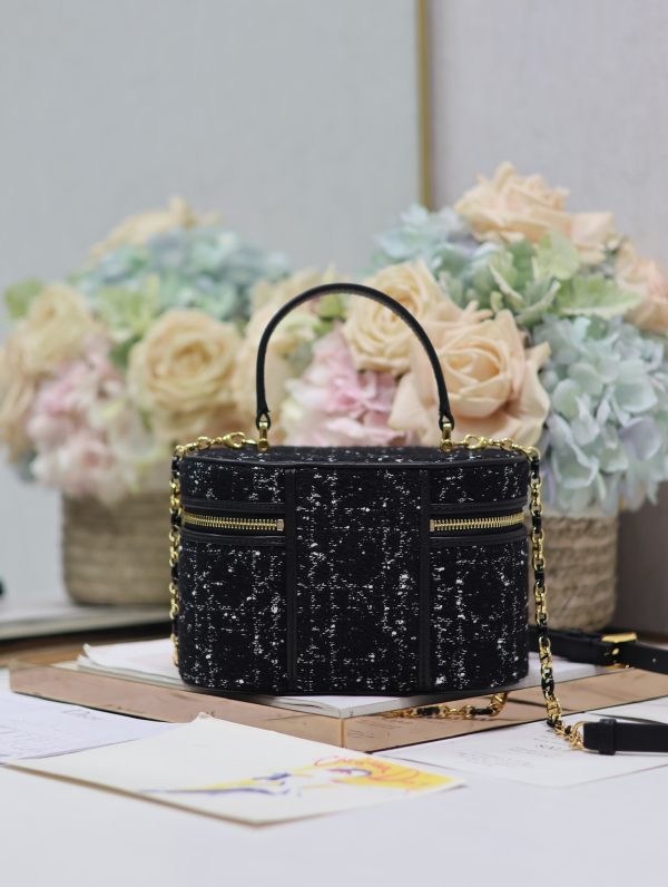 Dior Small Vanity Bag in Black Burlap with Leather - Image 9