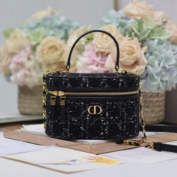 Dior Small Vanity Bag in Black Burlap with Leather