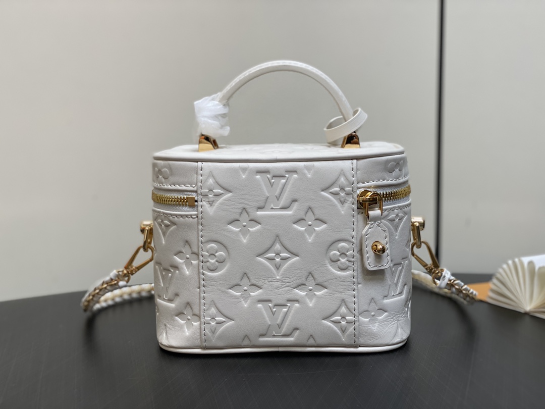 White Full Leather Embossed Cosmetic Bag - Image 8