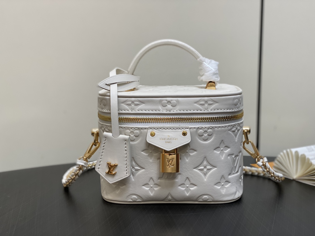 White Full Leather Embossed Cosmetic Bag - Image 5