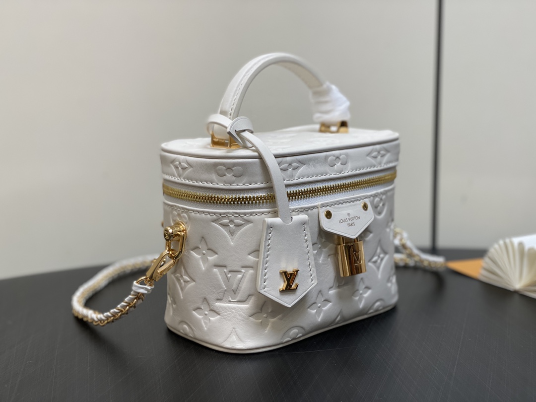 White Full Leather Embossed Cosmetic Bag - Image 4