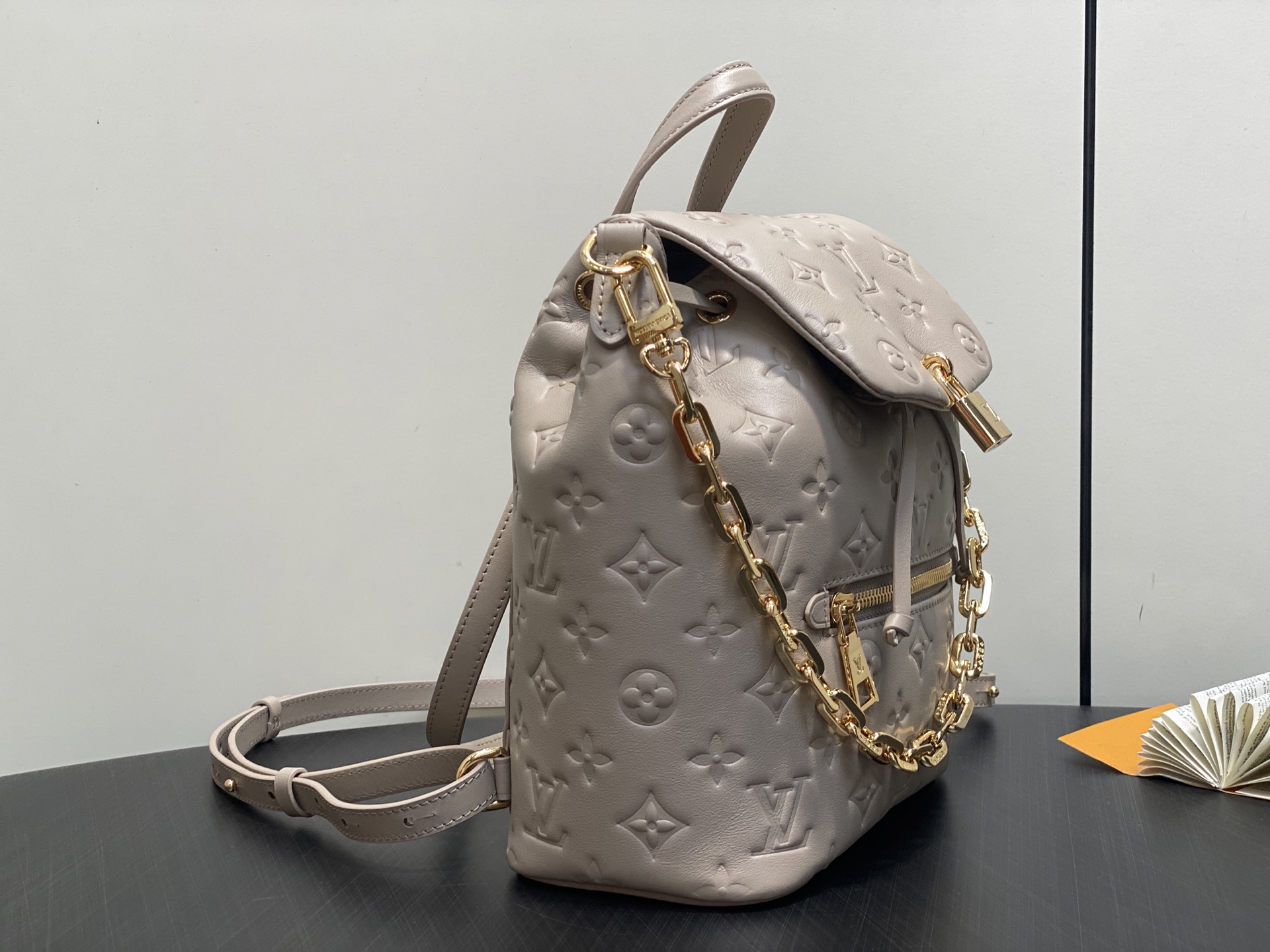 Gray Small Full Leather Embossed Backpack Coussin Backpack - Image 5