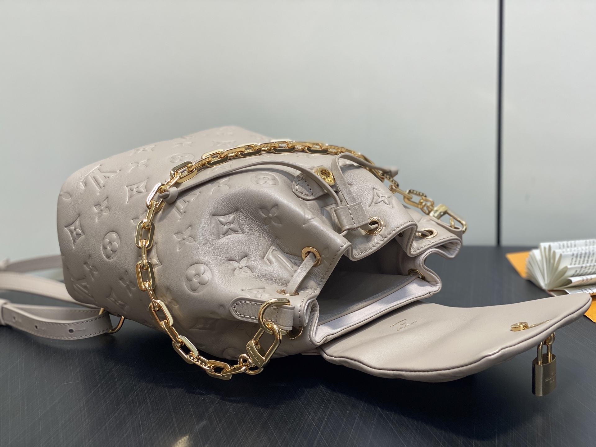 Gray Small Full Leather Embossed Backpack Coussin Backpack - Image 4