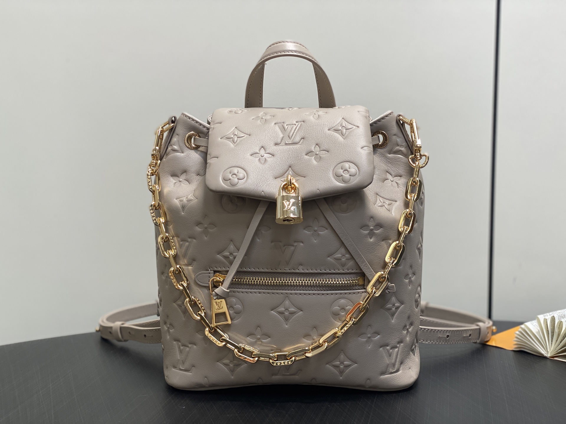 Gray Small Full Leather Embossed Backpack Coussin Backpack