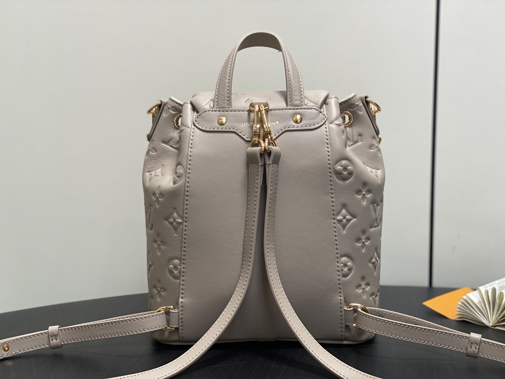 Gray Small Full Leather Embossed Backpack Coussin Backpack - Image 12